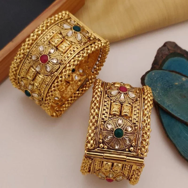 Vintage crystal bangles for classic glamour -FS Collection Gold Plated Pota Stone Openable Bangle Set