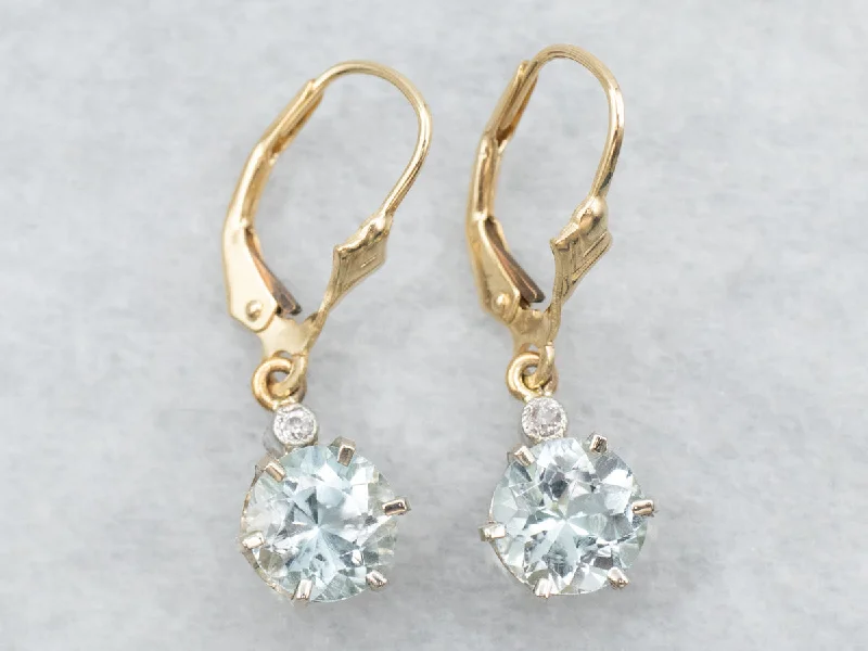 Silver drop earrings for elegant style -Yellow and White Gold Round Cut Blue Topaz Drop Earrings with Old Mine Cut Diamond Accents