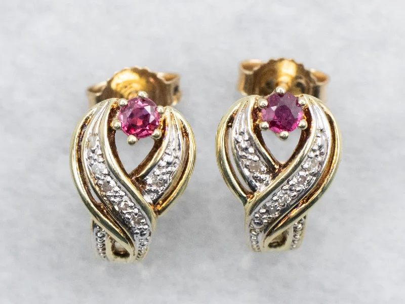 Modern geometric earrings for chic outfits -Two Tone Ruby and Diamond Crossover Stud Earrings