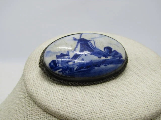 Minimalist brooch-Vintage .835 Silver Delft Brooch, Windmill, Hand Painted Porcelain, C-Clasp, Early 1900's.