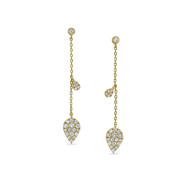 Elegant chandelier earrings for weddings -Gold Finish Sterling Silver Micropave Leaf Drop Earrings with Simulated Diamonds