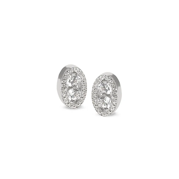 Trendy ear cuffs with gemstone embellishments -Platinum Finish Sterling Silver Micropave Two Stone Oval Earrings with Two 120 Facet Simulated Daimonds