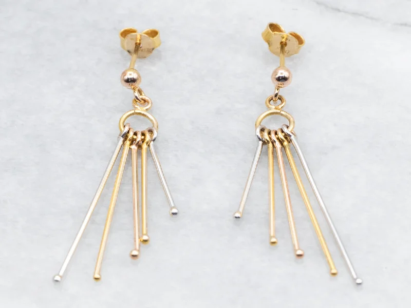 Silver dangly earrings for casual outfits -Tri Color Yellow, White, and Rose Gold Bar Tassel Drop Earrings