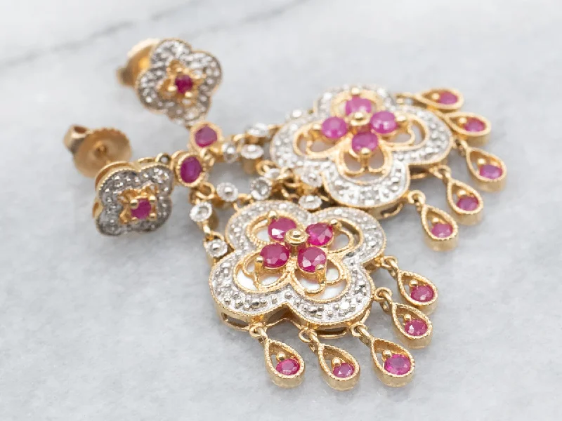 Trendy statement earrings with oversized designs -Floral Gold Diamond, Ruby, and Mother of Pearl Drop Earrings