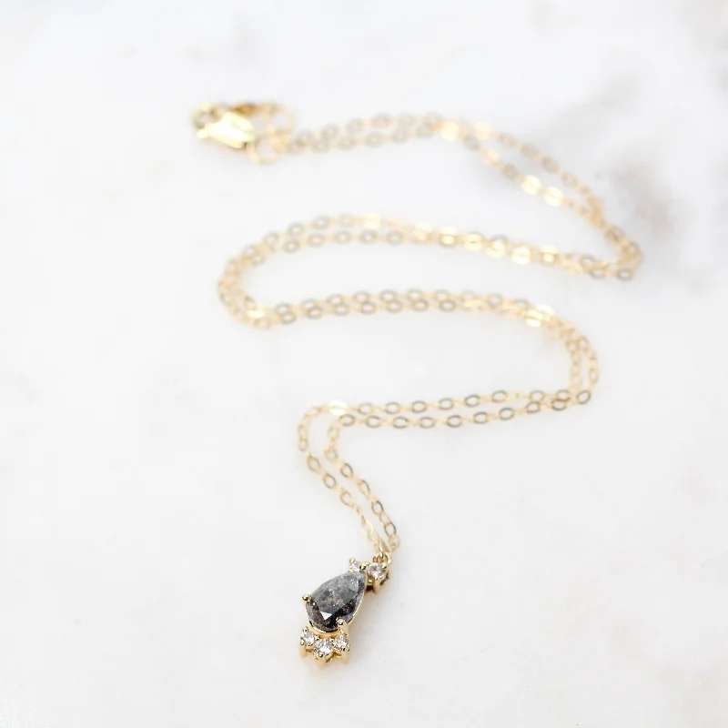 Sparkling gemstone necklaces for glamorous looks -Christina Necklace with a 0.73 Carat Dark Gray Pear Salt and Pepper Diamond and White Accent Diamonds in 14k Yellow Gold - Ready to Ship