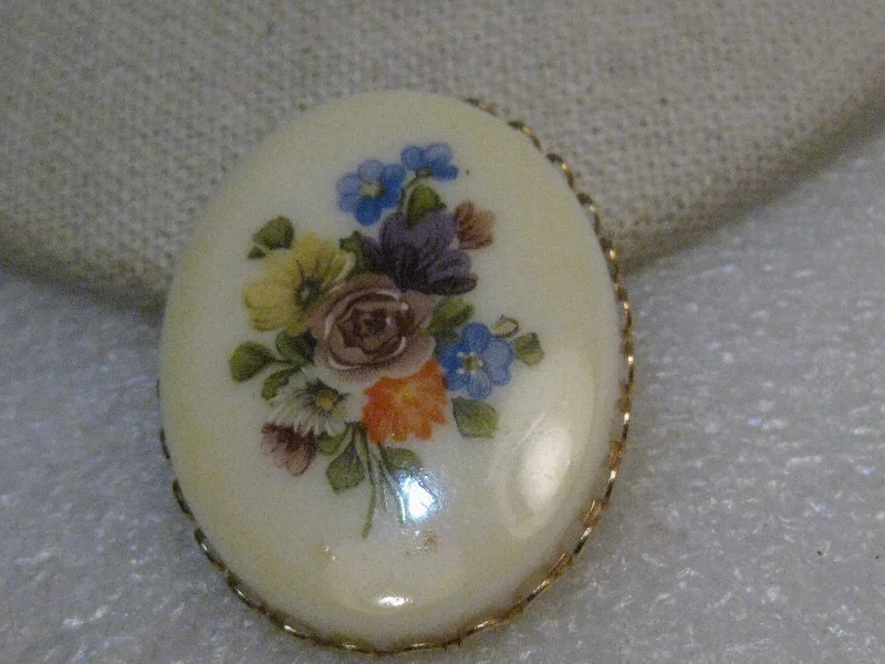 Gem-encrusted brooch-Vintage Floral Cameo Brooch, 1960's-1970s, Oval 1.5"