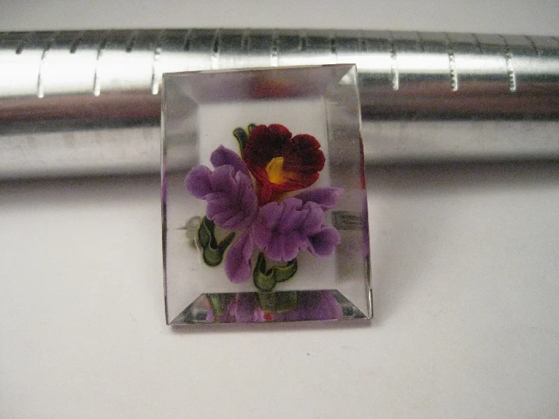 Flower pin brooch-Vintage Lucite Reverse Carved and Painted Orchid Brooch, Reverse Beveled Rectangular Shape