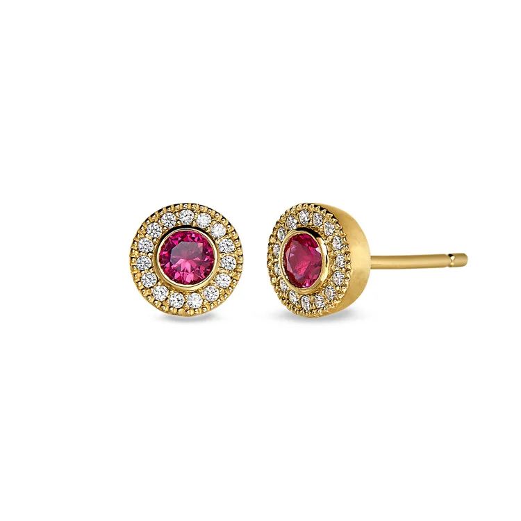 Statement earrings with floral designs -Gold Finish Sterling Silver Micropave Round Simulated Ruby Earrings with Simulated Diamonds