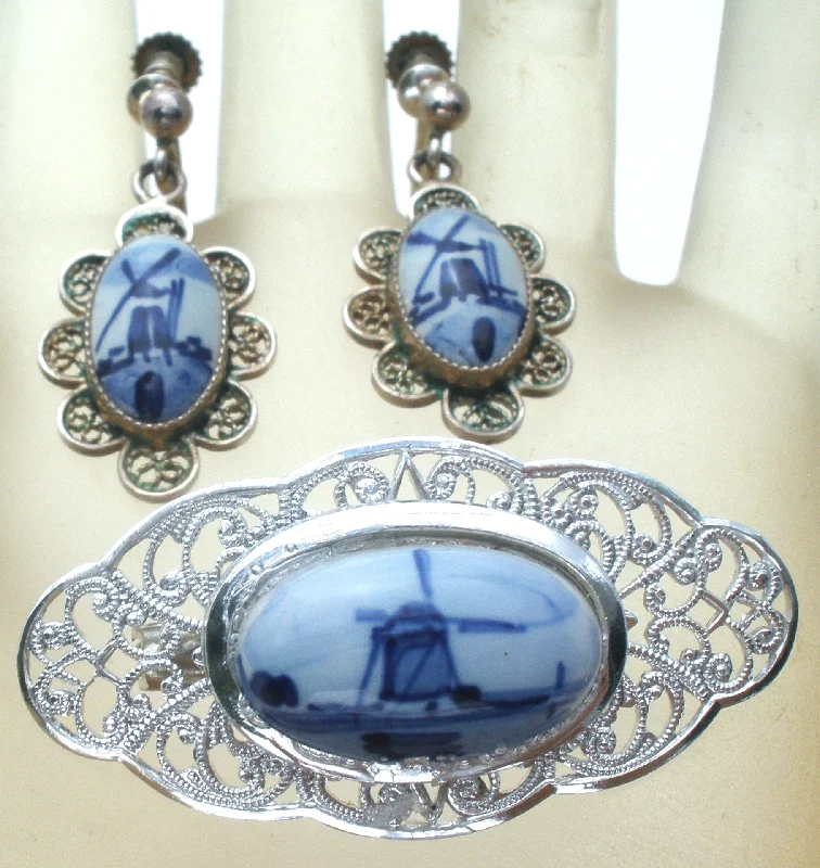 Simple pearl hoop earrings for timeless elegance -Delft Blue & White Earrings Brooch Set Vintage