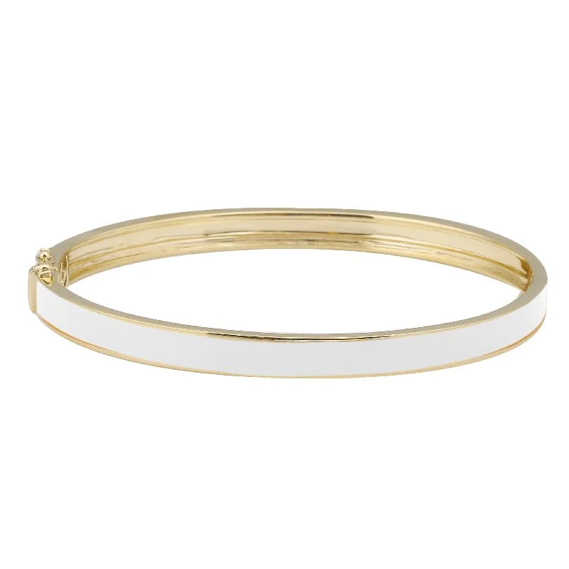 Sparkling bracelets-14k Yellow Gold White Enamel & Diamond Double Sided Bangle Bracelet