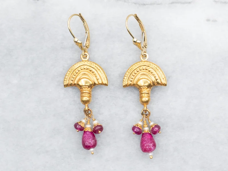 Elegant gold drop earrings for weddings -Yellow Gold Drop Earrings with Ruby and Seed Pearl Accents