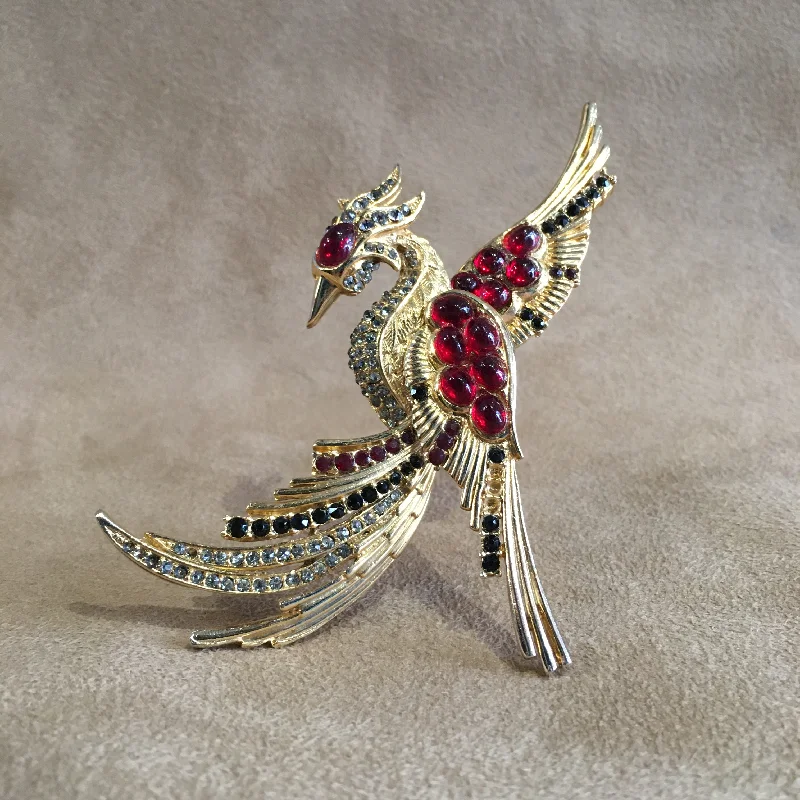 Pearlescent brooch-Vintage Red Black crystal Pheonix Brooch