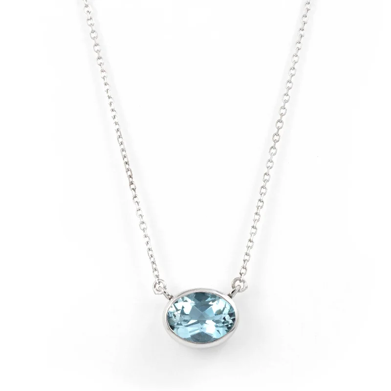 Personalized crystal necklaces for custom gifts -Oval Blue Topaz Necklace, 14K White Gold