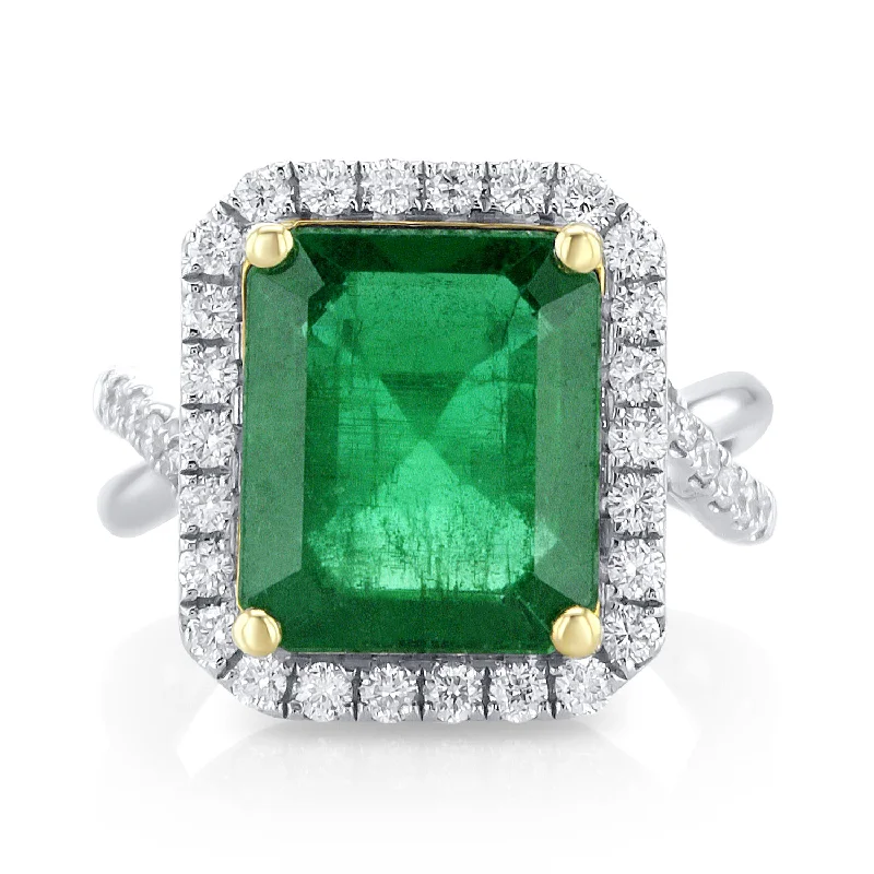 Custom diamond rings for luxury proposals -6.60 Carat Natural Emerald & Diamond Halo Ring in 18K White & Yellow Gold