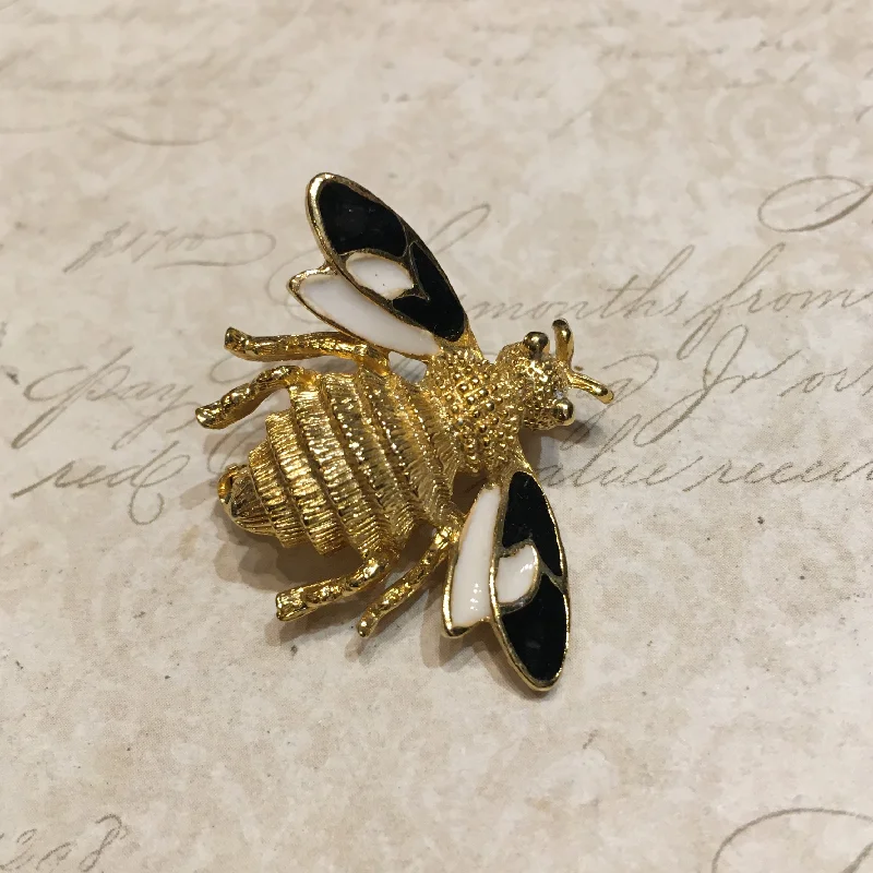 Classic diamond brooch-Vintage Bee Brooch Black White Enamel