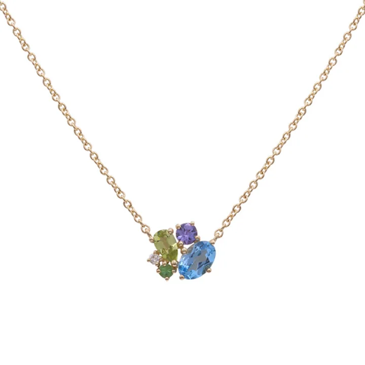 Elegant diamond necklaces for evening wear -Multicolor Gemstone Cluster Necklace, 14K Yellow Gold