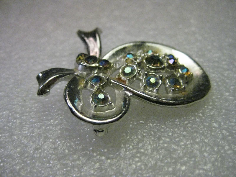 Creative brooch design-Vintage 1950's Silvertone Bow Brooch with Aurora Borealis Blue Rhinestones -