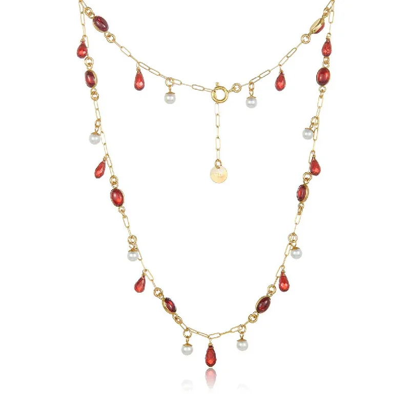 Colorful enamel necklaces for playful style -Garnet and Pearl Drop Necklace, Sterling with Gold Plating