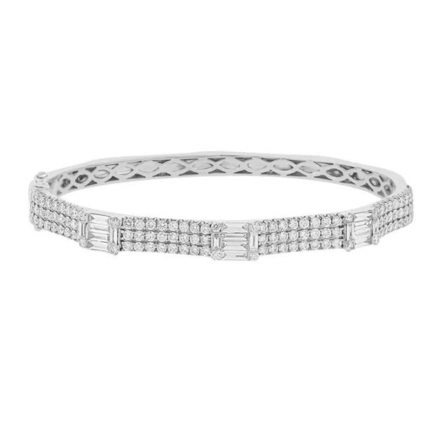 Fashionable bracelets-14K White Gold Round Diamond and Baguette Diamond Bangle