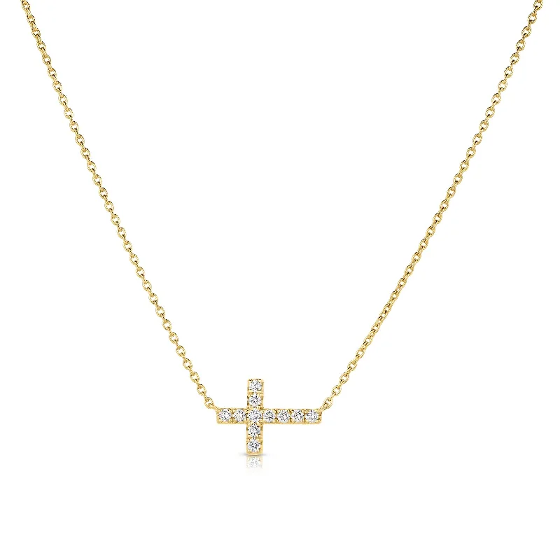 Fashionable pendant necklaces for casual outfits -Sideways Diamond Cross Necklace, 14K Yellow Gold