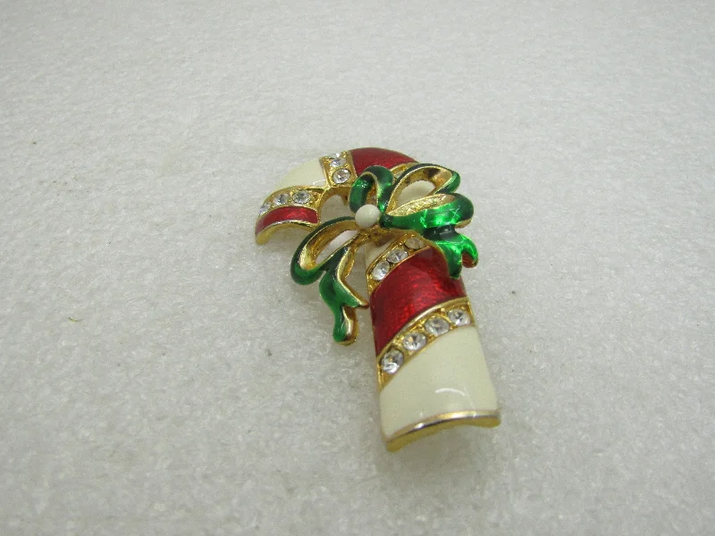 Brooch for formal wear-Vintage Christmas Enameled Rhinestone Candy Cane Brooch