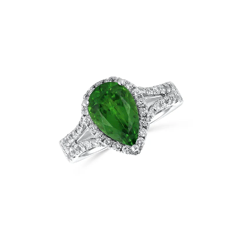 Boho gemstone rings for laid-back fashion -14K White Gold 2.59 CT Pear Tsavorite & Diamond Halo Split-Shank Ring