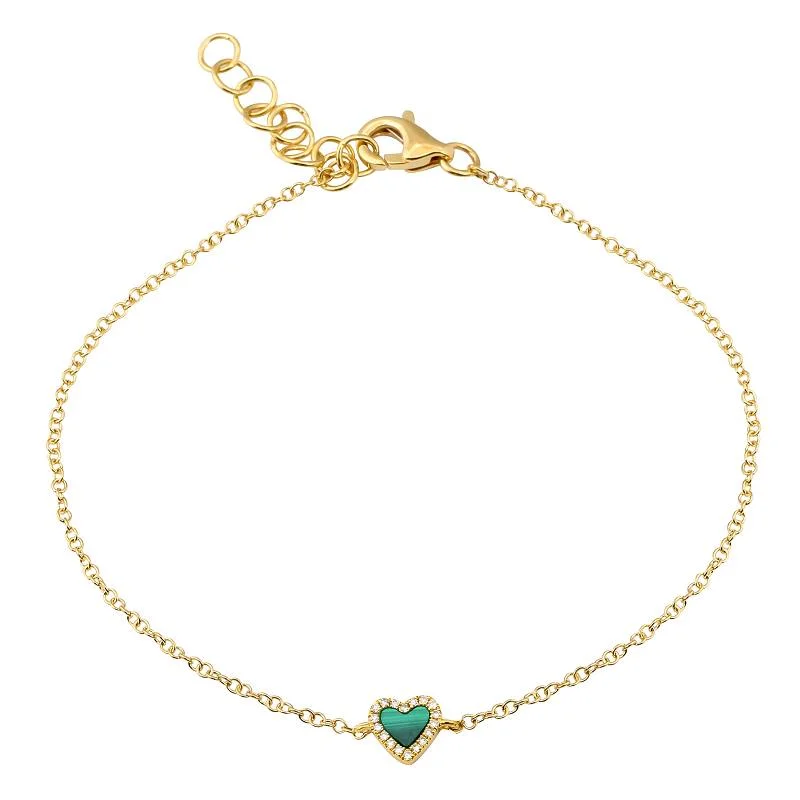 Matching bracelets for couples-14k Yellow Gold Diamond and Malachite Heart Bracelet