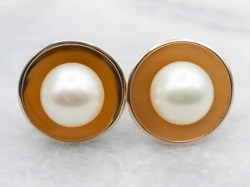 Elegant gold earrings with crystal stones -Yellow Gold Saltwater Pearl Stud Earrings