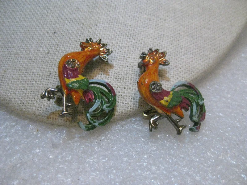 Custom brooch-Vintage Pair Enameled Rooster Brooches, 1950's, 1.25"