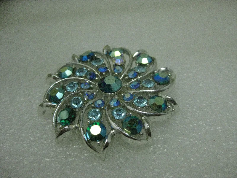 Large gemstone brooch-Vintage Silver Tone Spiral Rhinestone Brooch, Shades of Blue & Teal, 2", Mid-Century