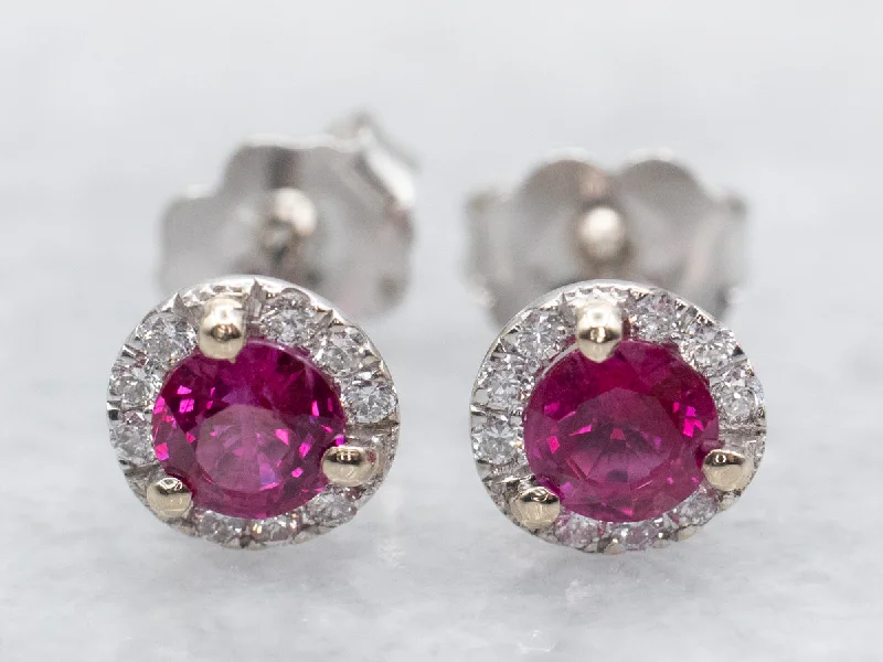 Trendy earrings with mixed metal designs -Ruby Stud Earrings with Diamond Halo