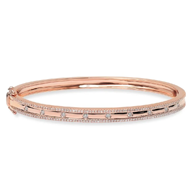 Casual bracelets-14K Rose Gold Diamond Border Hinged Bangle (Small)