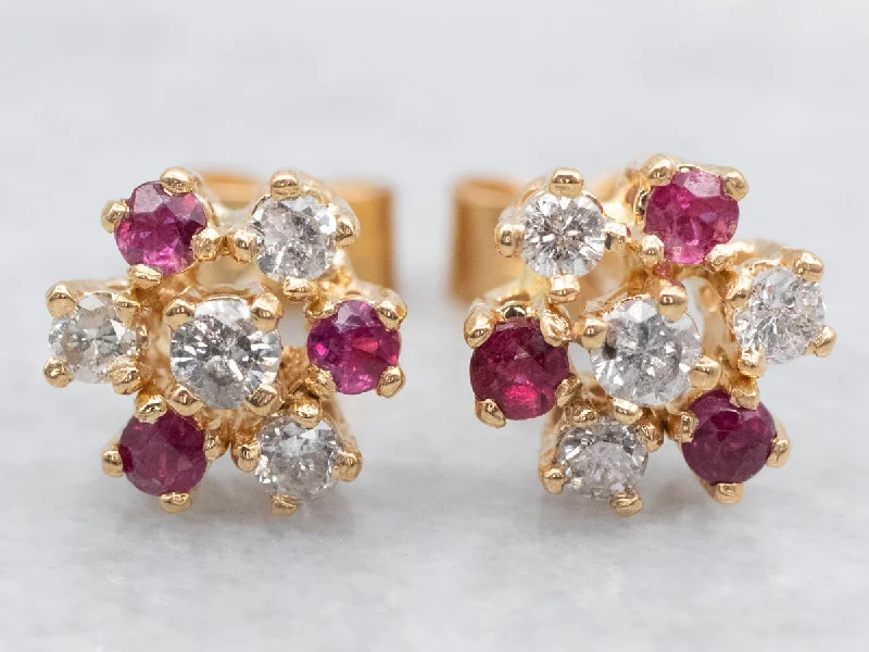 Custom birthstone earrings for personal gifts -Diamond and Ruby Cluster Stud Earrings