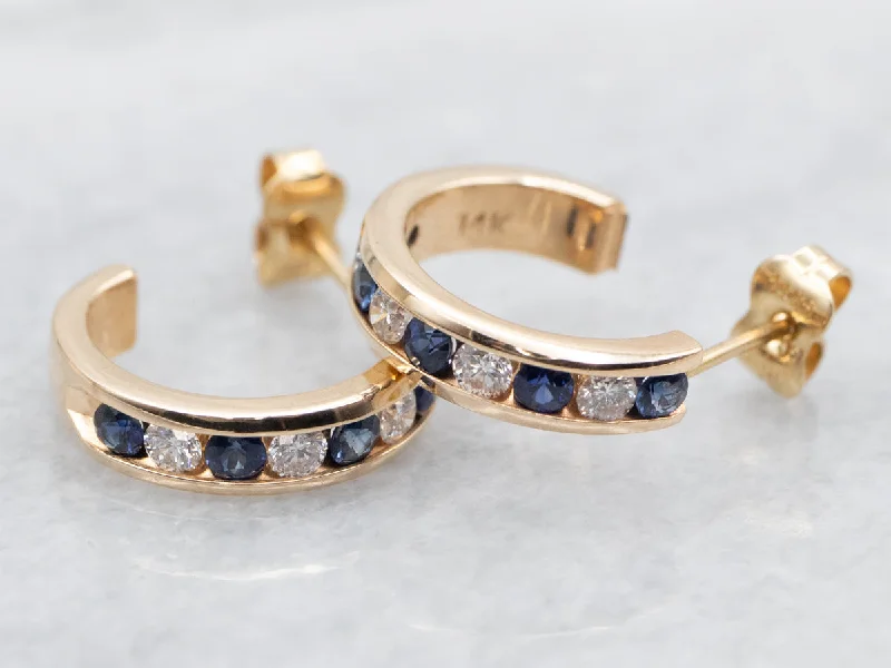 Sterling silver hoop earrings for versatility -Channel Set Sapphire and Diamond Hoop Earrings