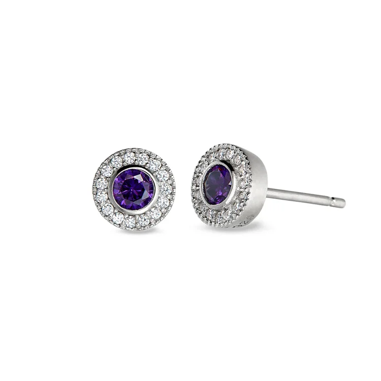 Boho hoop earrings with feather accents -Platinum Finish Sterling Silver Micropave Round Simulated Amethyst Earrings with Simulated Diamonds