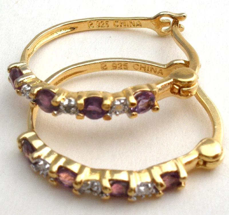 Elegant long earrings with hanging crystals -Amethyst & Diamond Hoop Earrings Signed Ross Simons