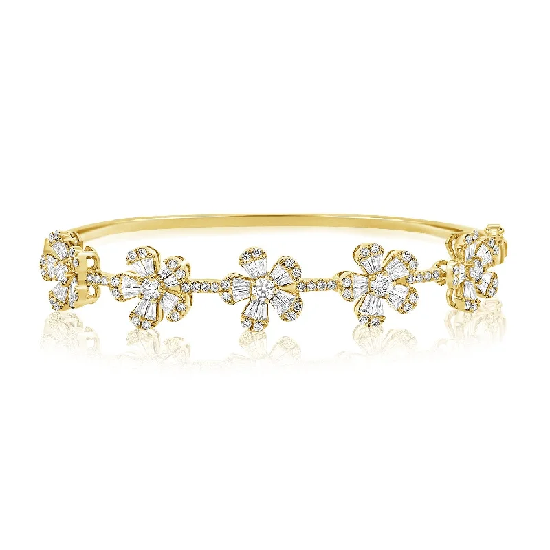 Elegant bangle bracelets-14K Yellow Gold Diamond Flower Bangle