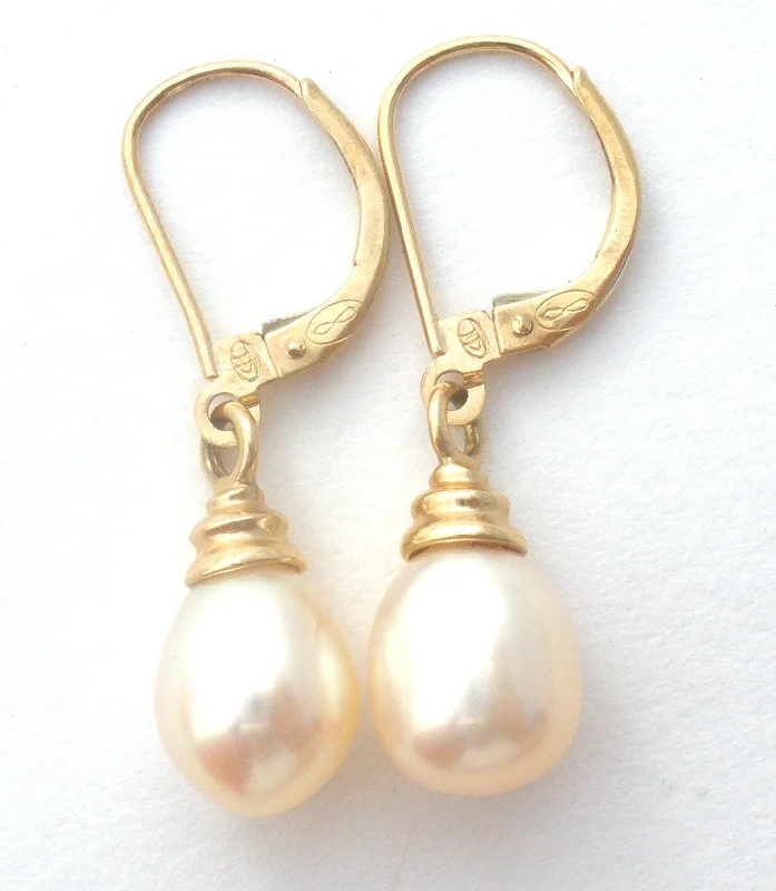 Handcrafted earrings with intricate details -14K Gold Pearl Drop Earrings Leverback