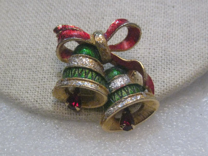 3D brooch-Vintage Gold Tone Christmas Bells Brooch,  1960's, Red & Green Enameling, Rhinestone Clappers