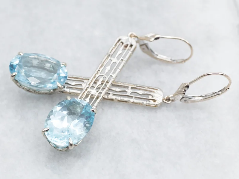 Elegant hoop earrings for bridal wear -White Gold Blue Topaz Filigree Drop Earrings