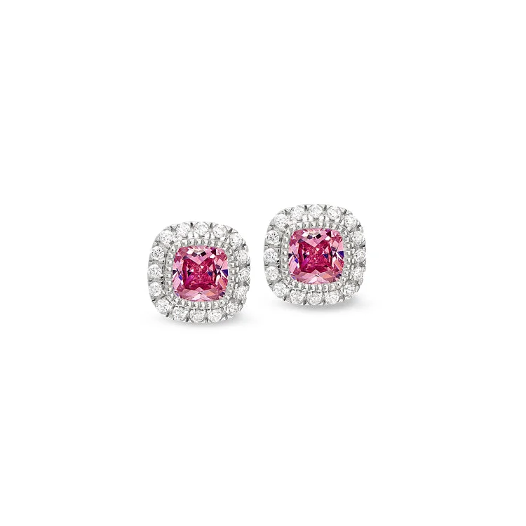 Fashionable dangling earrings for evening parties -Platinum Finish Sterling Silver Micropave Simulated Pink Sapphire Earrings with Simulated Diamonds