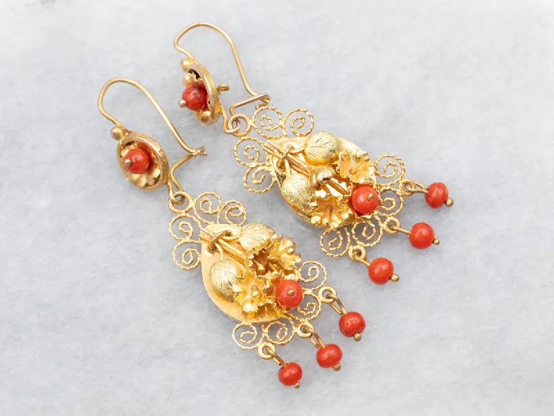 Custom birthstone earrings for family gifts -Yellow and Green Gold Red Coral Botanical Drop Earrings