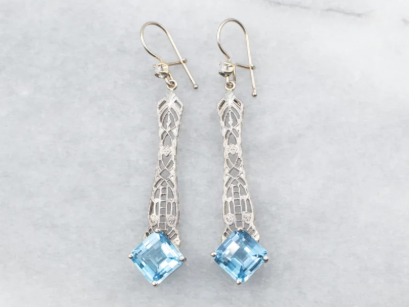 Elegant drop earrings with sparkling stones -White Gold Blue Topaz Filigree Drop Earrings with Diamond Accent