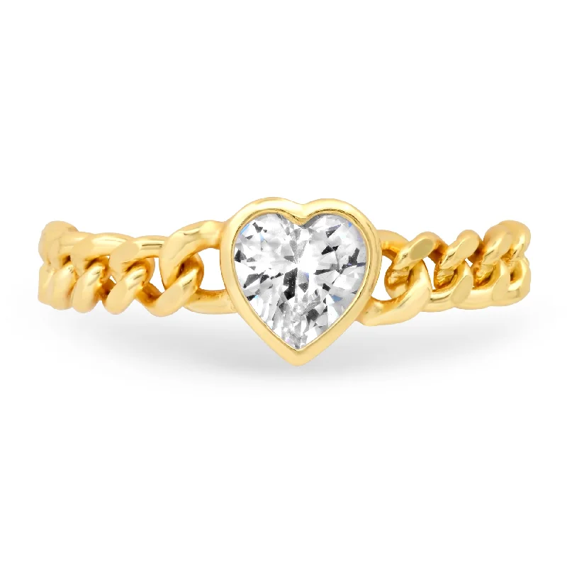 Luxury diamond rings for upscale events -CUBAN LINK CZ HEART RING, GOLD