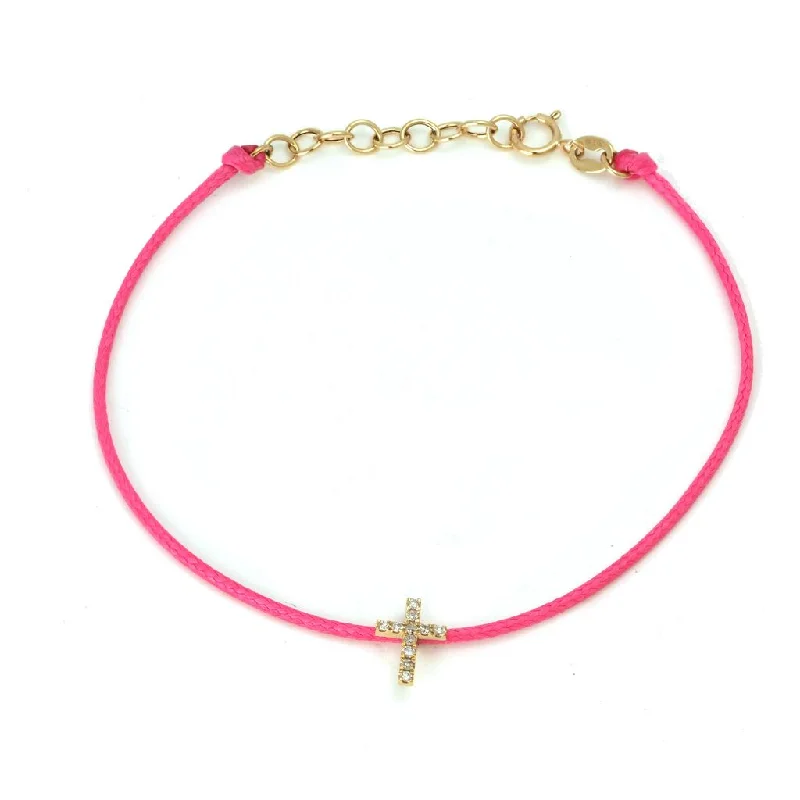 Boho bracelets-14K Yellow Gold Diamond Cross Pink Cord Bracelet