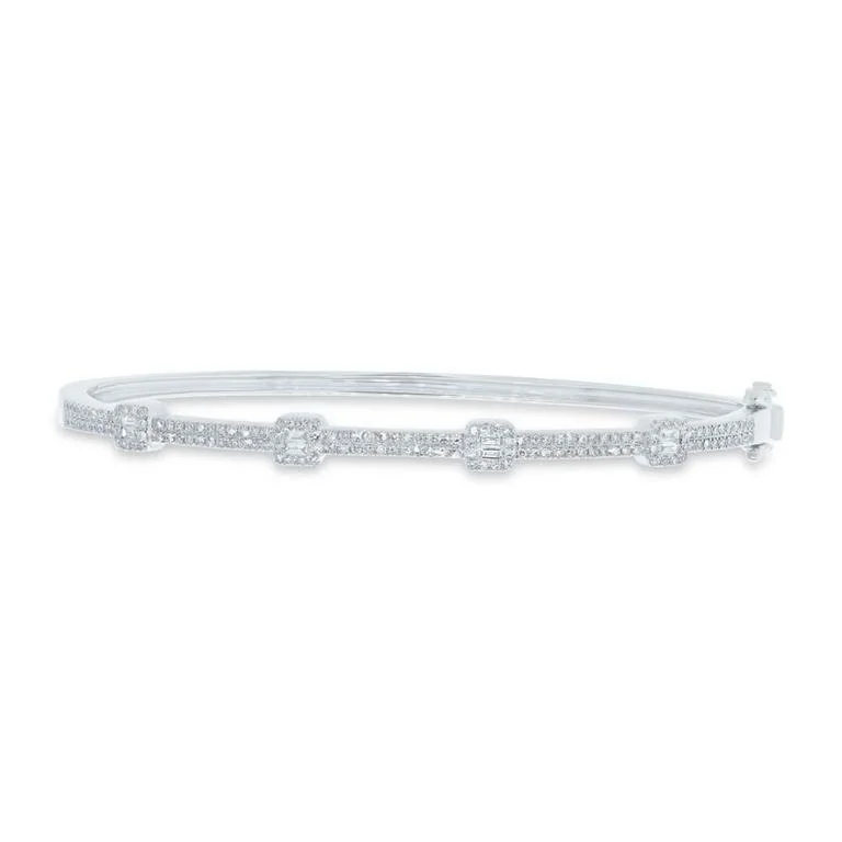 Charm bracelets-14K White Gold Round and Baguette Diamond Bangle