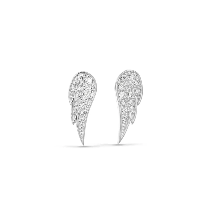 Fashionable dangling earrings with pearls -Platinum Finish Sterling Silver Micropave Angel Wing Earrings with Simmulated Diamonds