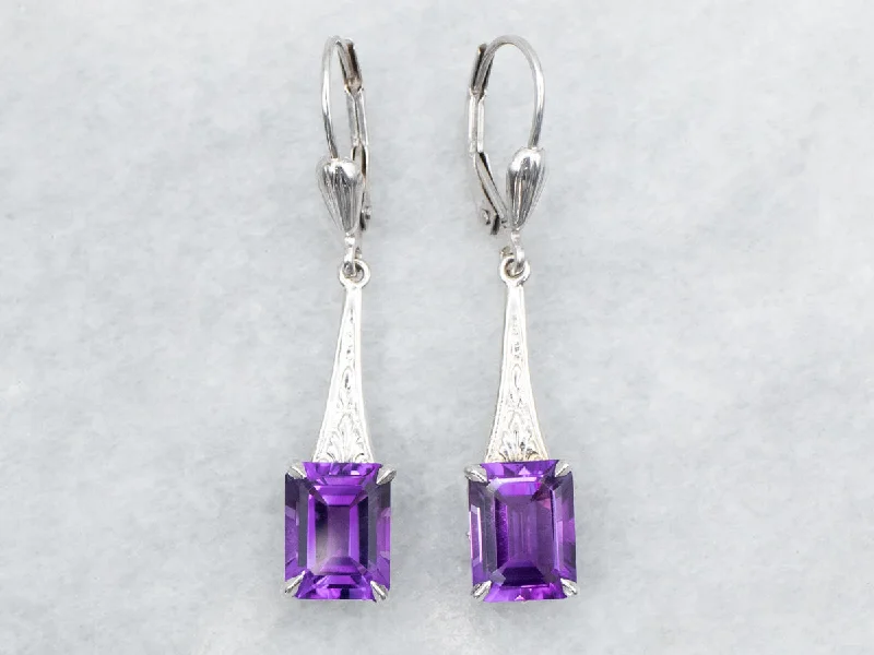 Classic hoop earrings with gemstone accents -Emerald Cut Amethyst Drop Earrings