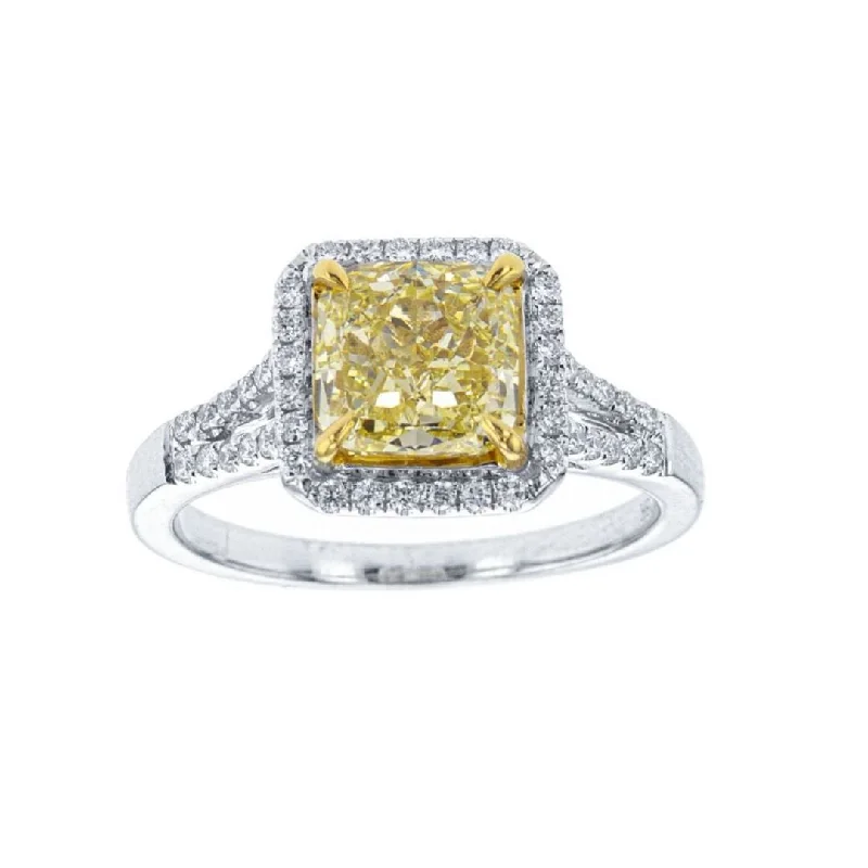 Custom zodiac rings for astrology lovers -2.28 CT Fancy Light Yellow Cushion Diamond Halo 18K Two Tone Ring