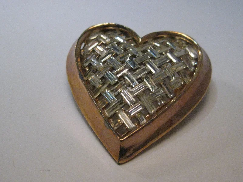 Crystal star brooch-Vintage Gold Tone Heart Brooch with Basketweave of  Rhinestone Baguettes, 1.75"